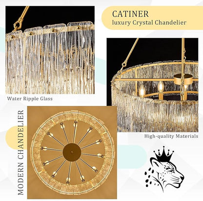 CATINER 30" Modern Gold Drum Chandelier Luxury Crystal Glass Chandeliers 12 Lights Ceiling Pendant Lighting Fixture for Living Room Dining Room Foyer Bedroom