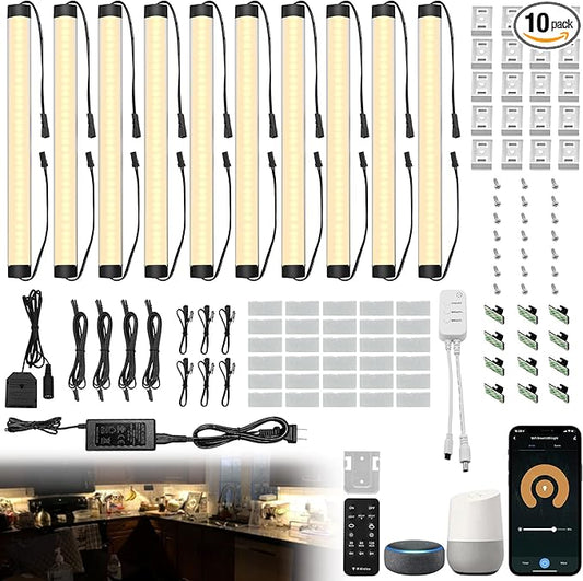 Under Cabinet Lights Kit, LED Smart Dimmable Strip Lighting Fixtures, 24V Plug in Linkable Bar LED Counter Lights for Pantry, Kitchen, Shelf, Bookcases, Showcase (10 PCS, Warm White)
