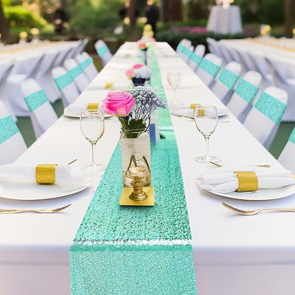 Newwiee 54 Pcs Light Blue Sequin Chair Sashes and Table Runners, 48 Sequin Chair Bows, 6 Glitter Table Runners for Birthday Party Wedding Banquet Holiday Decorations