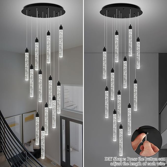 Crystal Staircase Chandelier, Modern Black Large Spiral Dimmable LED Cluster Raindrop Foyer Chandelier Lighting, Bubble Living Room Hanging Light Fixture 12 Light Remote Control
