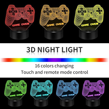 BASSI 3D Gamepad Night Light Game Over Light Game Controller Console Illusion Lamp for Kids Gamer Room Decor, 16 Color Changing with Remote Timer, Christmas Birthday Gifts for Boys Girls