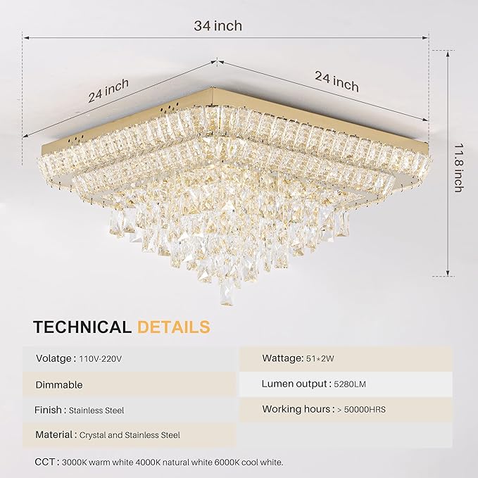 Miuyhji Elegant LED Crystal Raindrop Ceiling Light,24 Inch Square Gold Flush Mount Chandelier Light Fixture,Remote/APP, for Living Room Kitchen Dining Room Bedroom Hallway Entryway Foyer (Dimmable)