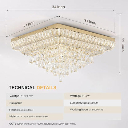 Miuyhji Elegant LED Crystal Raindrop Ceiling Light,24 Inch Square Gold Flush Mount Chandelier Light Fixture,Remote/APP, for Living Room Kitchen Dining Room Bedroom Hallway Entryway Foyer (Dimmable)