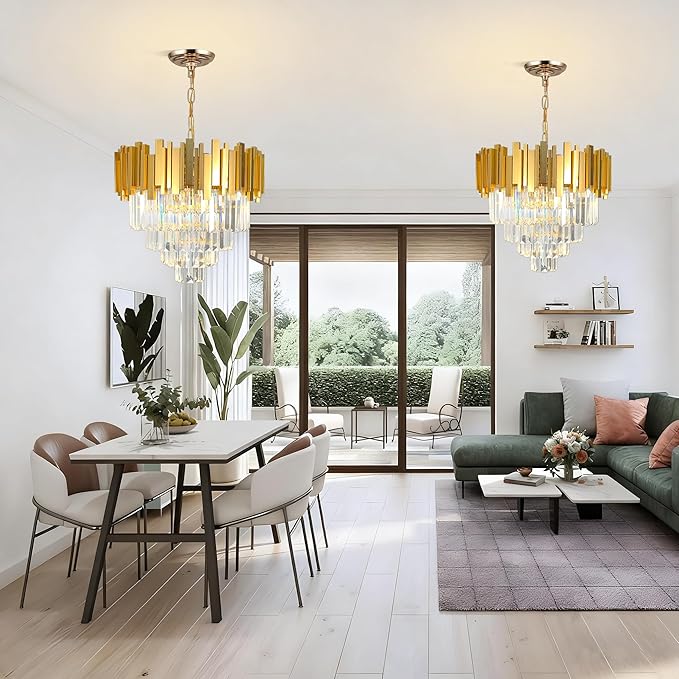 Luxury Gold Crystal Chandelier, W50cm Modern Round Ceiling Hanging Light Adjustable Chain & Dimmable Light Fixture for Dining Living Room Kitchen Island Foyer 7Lights