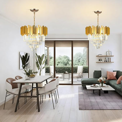 Luxury Gold Crystal Chandelier, W50cm Modern Round Ceiling Hanging Light Adjustable Chain & Dimmable Light Fixture for Dining Living Room Kitchen Island Foyer 7Lights