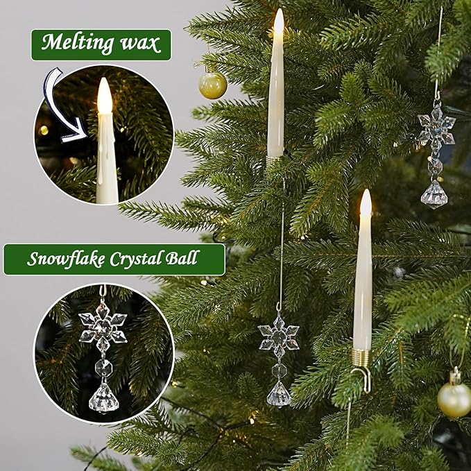 12PCS Flameless Christmas Tree Candles with Remote，Battery Operated Flickering Candles Christmas Tree Lights,LED Taper Candle for Home Parties Birthday Gift with Snowflake Hook(Ivory)