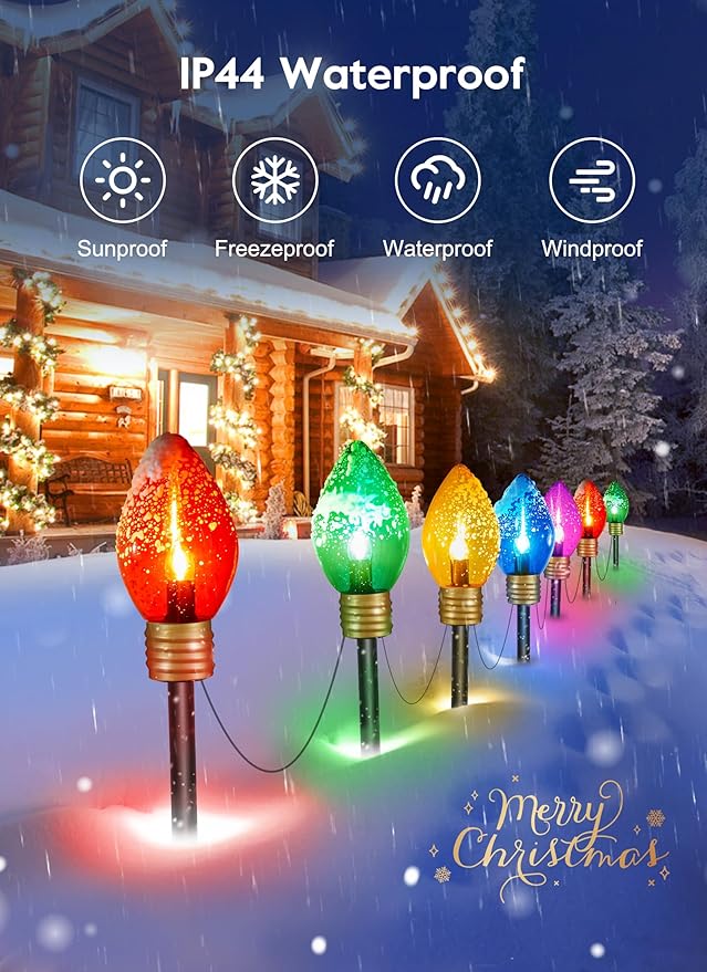 4 Pack Jumbo C9 Christmas Pathway Lights Outdoor - Total 34FT 20 LED C9 Christma Walkway Light, Multicolor Christmas Decoration Outside, Giant Christmas Lights Outdoor for Lawn Holiday Yard