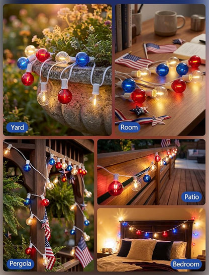 SUNSGNE 4th of July Decorations G40 LED Outdoor String Lights, 50FT Globe String Lights with 25 LED Red White and Blue Lights for Patriotic Memorial Day Decor, E12 Socket Base, White Wire