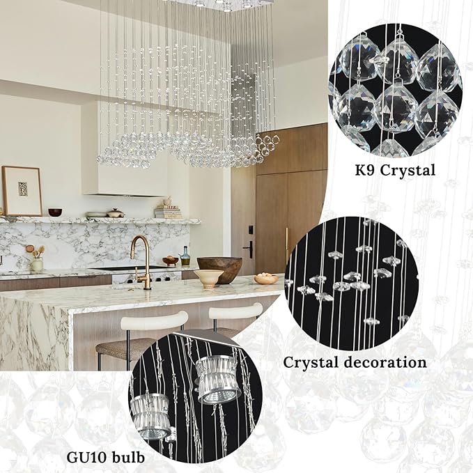 Finktonglan 39.4" Rectangular Crystal Chandelier for Kitchen Island, 8-Light Linear Island Pendant Light, GU10 Base (Bulbs Not Included), Height Adjustable Modern Dining Room Ceiling Light