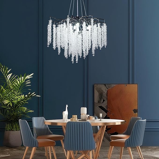 Crystal Tree Branches Chandeliers Luxury Round Raindrop Pendant Light Fixture 8 Light Ceiling Hanging Light for Dining Room Bedroom Living Room Entryway 23.7" Black