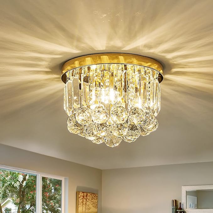 Round Crystal Lamp Chandelier,Modern Gold G9 Ceiling Mount Fixture Dia.9.85" x H8.25 for Living Room Dining Room Hallway (3 Light) …