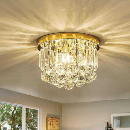 Round Crystal Lamp Chandelier,Modern Gold G9 Ceiling Mount Fixture Dia.9.85" x H8.25 for Living Room Dining Room Hallway (3 Light) …