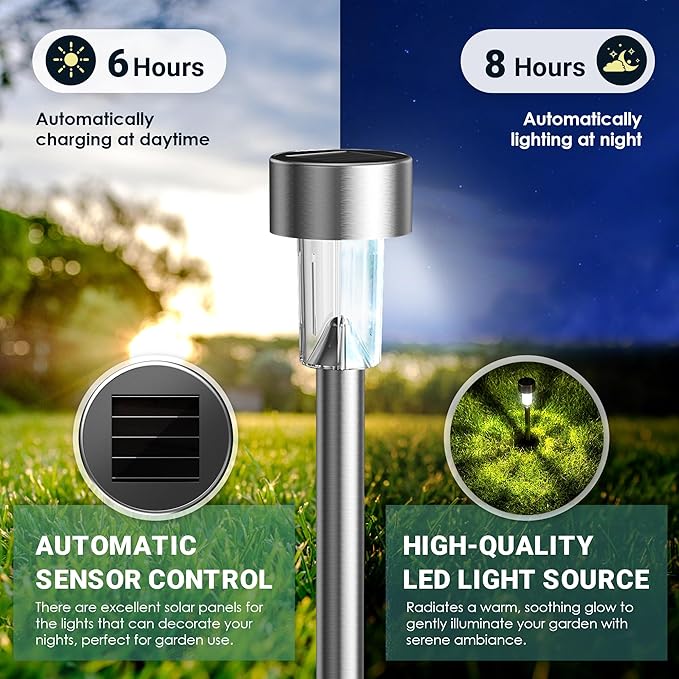 GIGALUMI Solar Lights Outdoor Waterproof, 20 Pack, Stainless Steel LED Solar Garden Lights for Patio, Lawn, Yard and Landscape, Garden Decor Patio Decor, Cold White