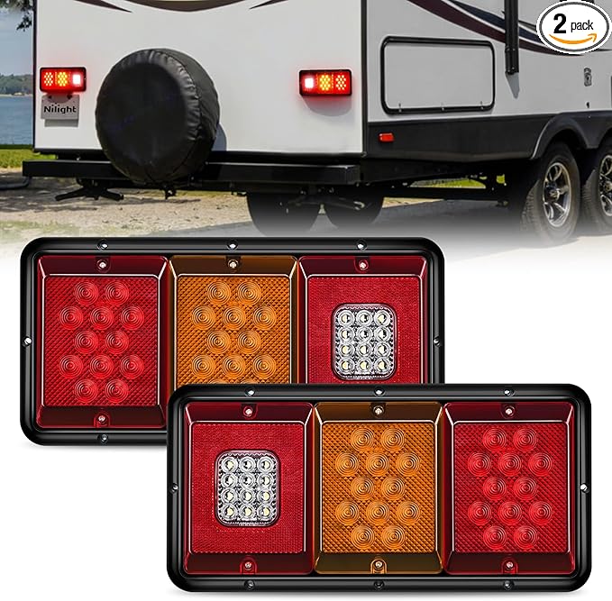 Nilight LED Triple Tail Light 2PCS Rectangle Red Amber Stop Brake Turn Signals White Reverse Back Up Lights Surface Mount Waterproof Trailer Camper Van RV Caravan Taillights