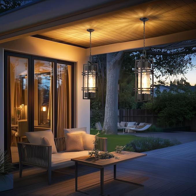 WIHTU Large Outdoor Pendant Light Fixture, Modern Hanging Lantern Ceiling Mount, Anit-Rust Waterproof Chandelier Lighting Exterior with Stone Bubble Glass for Porch, Garage, Gazebo, Patio