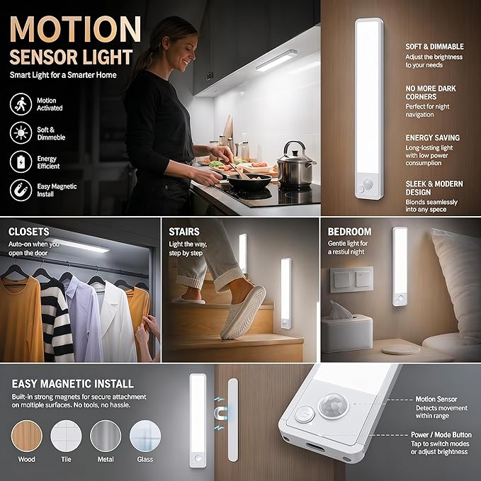 Under Cabinet Rechargeable Lighting: 8 Inch Motion Sensor Dimmable Lights Indoor - Battery Operated Lights - Wireless Closet Light Magnetic Led Light for Kitchen Home Bathroom Counter 4 Pack