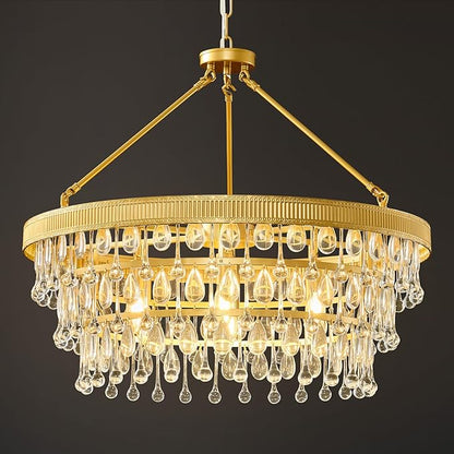 Gold Modern Raindrop Crystal Chandelier: 28" Round K9 Crystals 6-Light Contemporary Chandeliers for Dining Room Lights over Table - 3 Tiers Light Adjustable for Bedroom Living Kitchen Entryway Foyer
