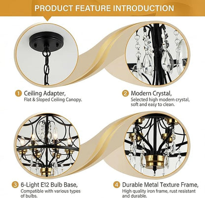 Modern Chandelier Black Metal Crystal Hanging Light 6 Light Dining Room Pendant Lighting Fixture for Farmhouse Bedroom Living Room Kitchen Entryway E12 Bulbs Not Included