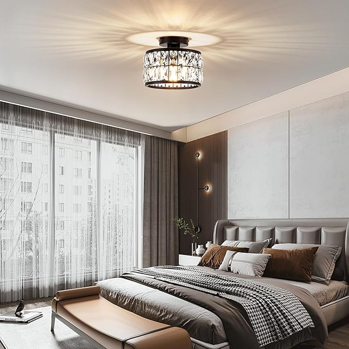 Rpzloila Crystal Ceiling Light Fixture, Modern Semi Flush Mount Ceiling Light,Crystal Chandelier for Kitchen Bedroom Bathroom Entryway, Black Finish