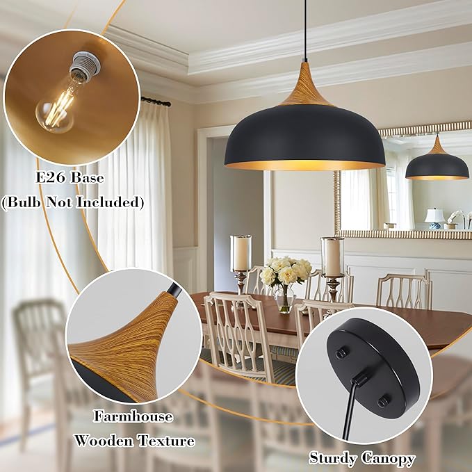 Black Farmhouse Dome Pendant Light 17.7" Large Vintage Pendant Light Fixtures Hanging Wooden Pendant Lighting for Kitchen Island Dining Room Living Room Foyer Hallway