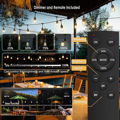 190FT Remote Controlled Outdoor String Lights Patio String Lights for Outside, 60+3 Shatterproof S14 Warm Lights String Outdoor for Bistro Café Gazebo Backyard, Linkable, 2 Pack