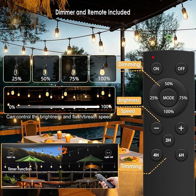1-Pack 150 ft Outdoor String Lights with Remote Patio Lights Weatherproof, 45+3 Spare S14 Shatterproof Warm 2200K Bulbs, 3 Lighting Modes&Dimmable&Timer