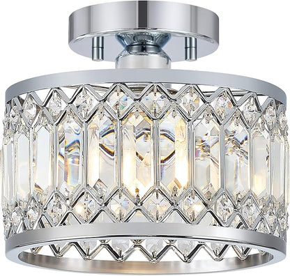 Pevfah Crystal Chrome Ceiling Light, Modern Semi Flush Mount Ceiling Lighting Fixture, Round Hallway Lighting Fixtures for Entryway Kitchen Bedroom Laundry Room, 1-Light, 9 Inch