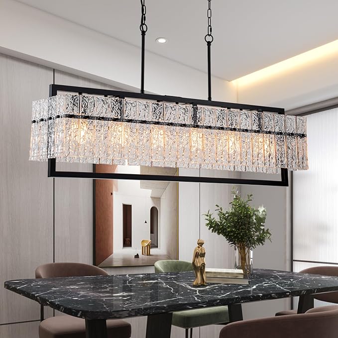 Modern Chandeliers for Dining Room, 6-Light Large Black Rectangle Kitchen Island Lighting with Water Ripple Glass, 42” Crystal Linear Chandelier Light Fixture Over Table for Living Room