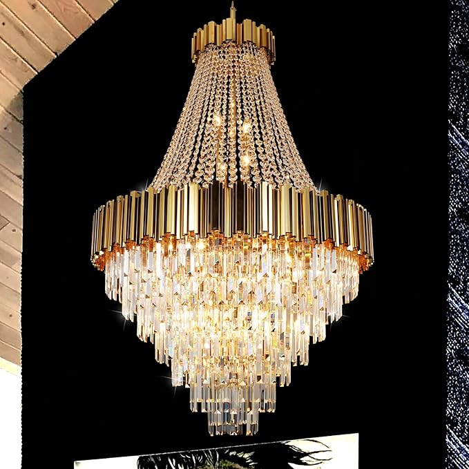 Crystal Chandeliers Modern Chandelier High Ceiling Foyer Entryway 21 Lights Gold Luxury Pendant Hanging Light Fixture for Living Room Entry Way Extra Large Vertical Tiered 36'' D x 54'' H