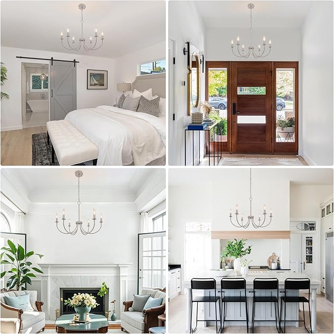 6-Light Farmhouse Chandelier for Dining Room, Brushed Nickel Dining Room Light Fixtures, Industrial Vintage Candle Chandeliers for Living Room, Bedroom, Foyer, Kitchen, Entryway