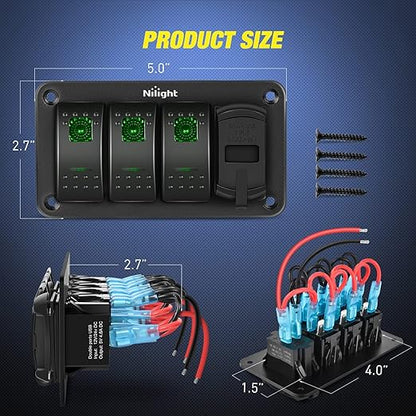 Nilight 3 Gang Rocker Switch Panel with 4.8 Amp Dual USB Charger Voltmeter Waterproof 12V 24V DC Rocker Switch with Night Glow Stickers for Cars Trucks Boats RVs, 2 Years Warranty,Blue,Green