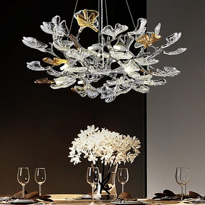 AioTio Black Modern Chandeliers for Dining Room, D31.5''Tree Branch Round Glass Ginkgo Leaf Farmhouse Chandelier,Large Ceiling Hanging Vintage Chandelier for Living Room,Entryway,Kitchen Island,Foyer