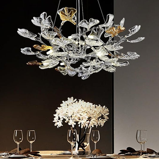 AioTio Black Modern Chandeliers for Dining Room, D31.5''Tree Branch Round Glass Ginkgo Leaf Farmhouse Chandelier,Large Ceiling Hanging Vintage Chandelier for Living Room,Entryway,Kitchen Island,Foyer