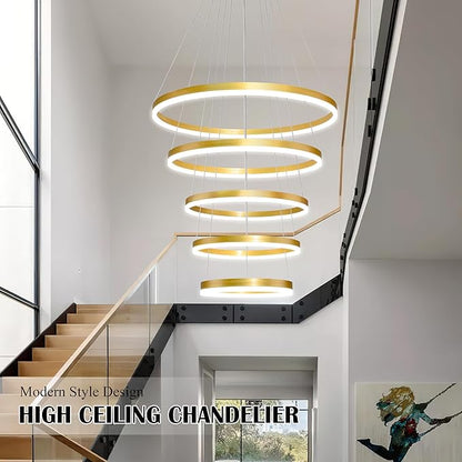 5 Rings Pendant Lights Modern Gold Led Chandelier Gold Modern Led Pendant Light Dimmable Height Adjustable Chandeliers for Dining Room Bedroom Entryway Living Room Foyer (3000K-6000K)