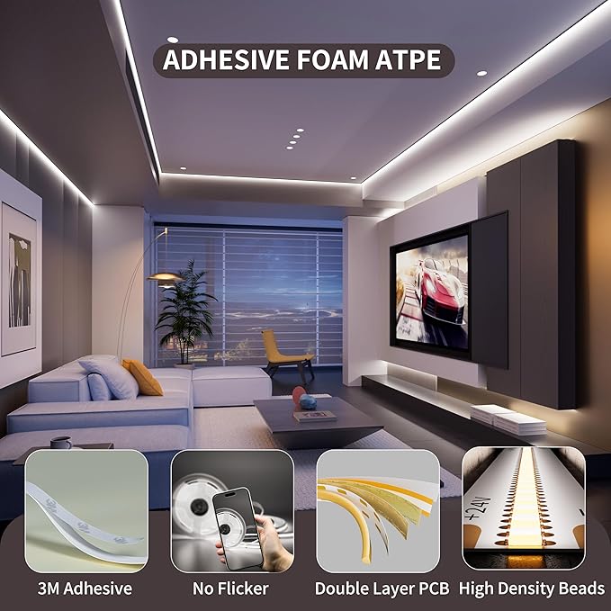 PAUTIX COB LED Strip Light Under Cabinet Lighting,White Led Strip Light 6500K,Dimmable Led Tape Lights Cool White with RF Remote,24V LED Tape,for Mirror,Stair,Kitchen,Desk,Closets