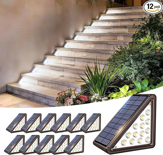 Solar Step Lights Outdoor Waterproof IP65,Cool White Brown Solar Stair Lights, Outdoor Light Decor for Stair, Deck, Step, Porch and Outside Patio, 12 Pack