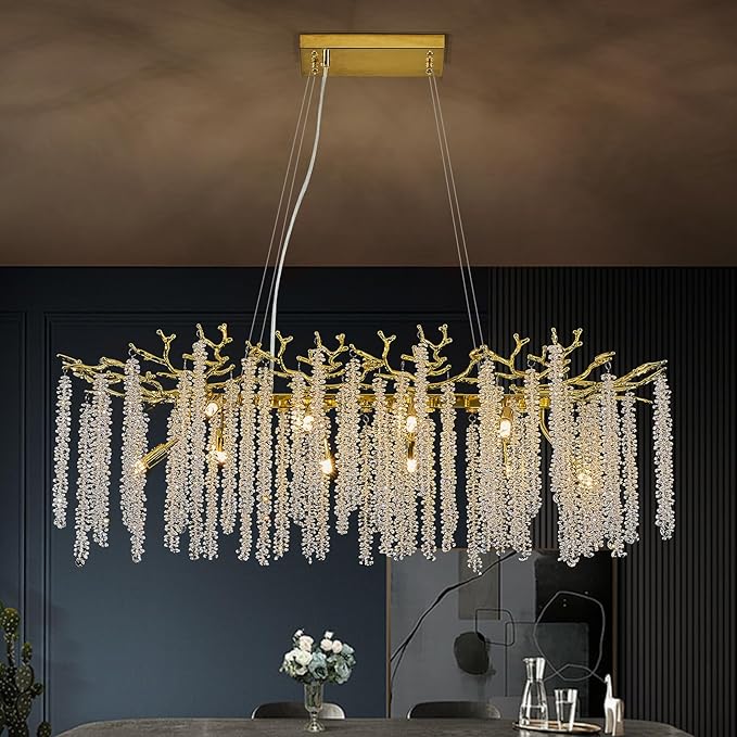 Benkut Modern Tree Branch Crystal Chandelier Luxury Gold Raindrop Pendant Lighting 38" Contemporary 10-Light Chandeliers for Dining Room Kitchen Bedroom Living Room