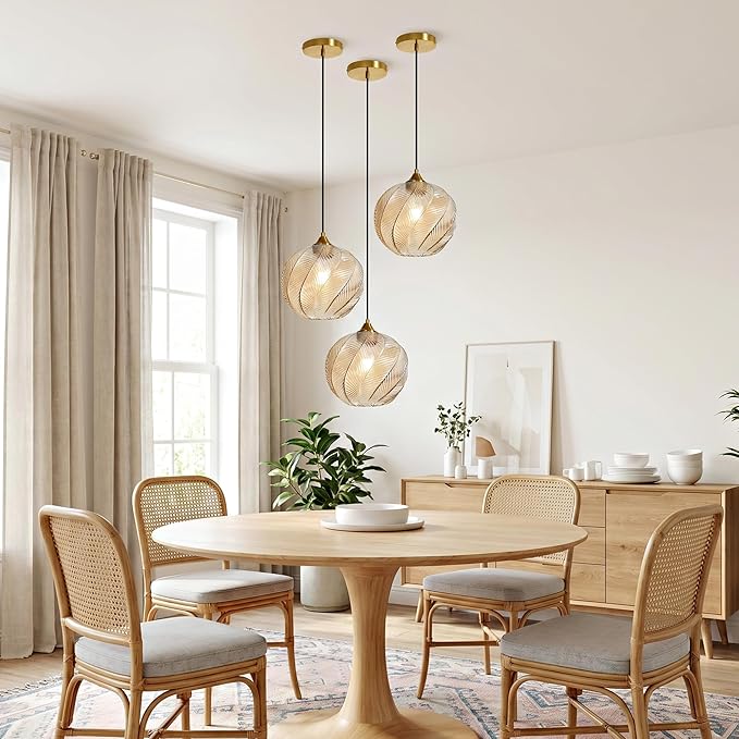 Amber Glass Gold Pendant Light, Farmhouse Kitchen Island Pendant Light Fixture Circular Shade, Adjustable Vintage Hanging Ceiling Light for Dining Room Corridor 1 Pack, UL Certification