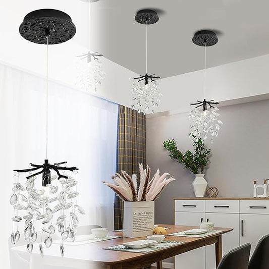 Modern K9 Crystal Tree Branches Chandelier, 8.6in Black 1 Lights Large Ceiling Hanging Light for Dining Room, Round Tassel Ceiling Hanging