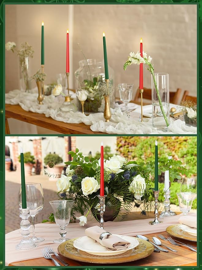 Treela 24 Pcs Flameless Taper Candles Battery Operated Bulk Fake Candles Light LED Candle Sticks Flickering Tapered for Easter Wedding Anniversary Decoration(Basic,10 Inch,Red,Green)