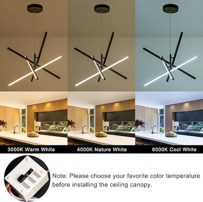 Modern LED Chandelier Linear Pendant Light Dimmable 4 Lights Linear Chandelier 3000K,4000K,6000K Hanging Pendant Lighting for Kitchen Island Living Dining Room Restaurant Office (Black)