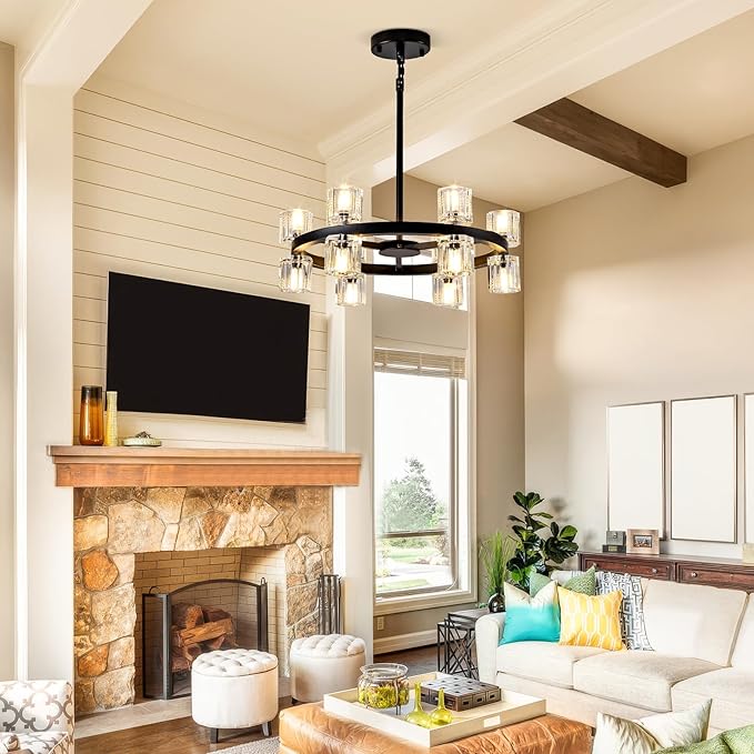 18'' Modern Large Chandelier, 12-Light Elegant Crystal Chandeliers for Dining Room, Black Farmhouse Round Wagon Wheel Pendant Lighting Fixture with Glass Shade for Living Room High Ceilings Entryway