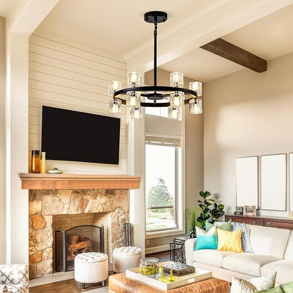 18'' Modern Large Chandelier, 12-Light Elegant Crystal Chandeliers for Dining Room, Black Farmhouse Round Wagon Wheel Pendant Lighting Fixture with Glass Shade for Living Room High Ceilings Entryway