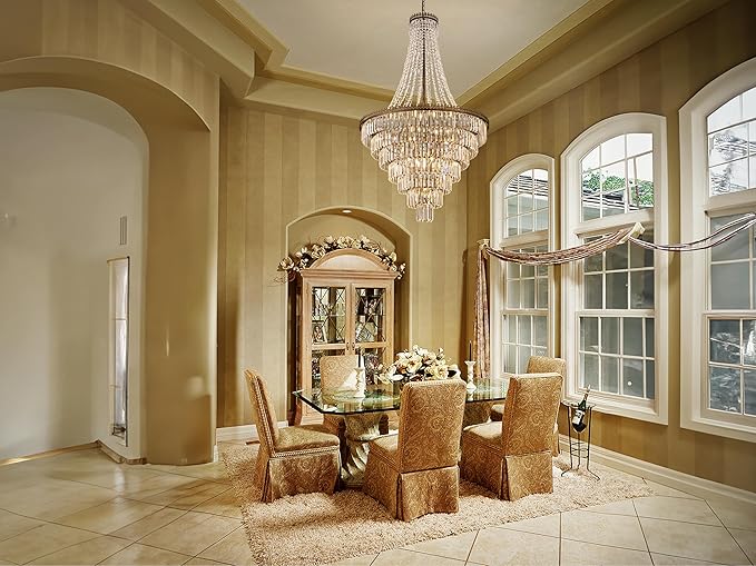 TOCHIC French Empire Crystal Chandelier Modern Farmhouse Chandelier Ceiling Light for Foyer Entryway High Ceiling, Vintage Antique Bronze Chandelier Light Fixture for Dining Living Room 34" W x 58" H