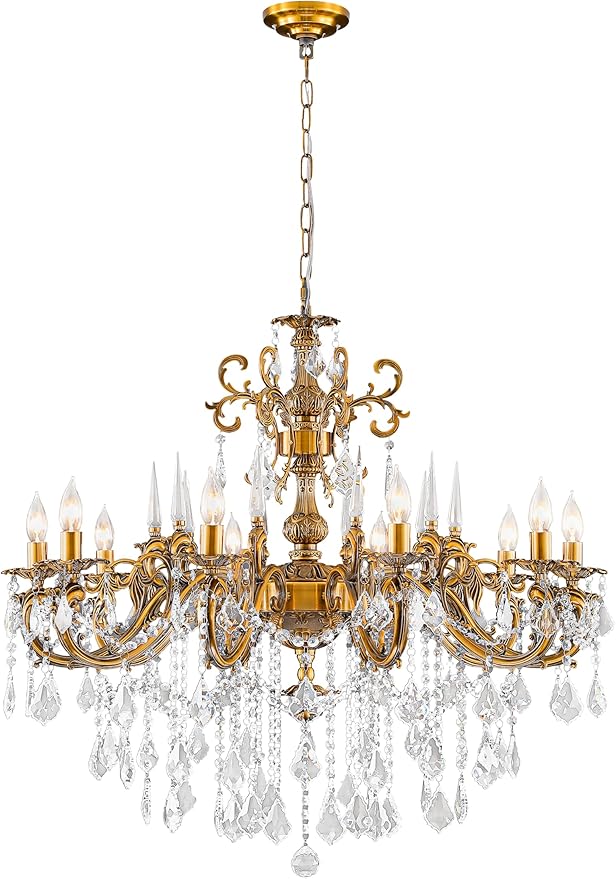 Gold Crystal Chandelier, 10-Light Antique Bronze Candle Pendant Ceiling Light Fixture with K9 Crystals for Dining and Living Room, Bedroom, Kitchen Island, Hallway, Dia 36"