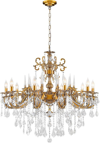 Gold Crystal Chandelier, 10-Light Antique Bronze Candle Pendant Ceiling Light Fixture with K9 Crystals for Dining and Living Room, Bedroom, Kitchen Island, Hallway, Dia 36"