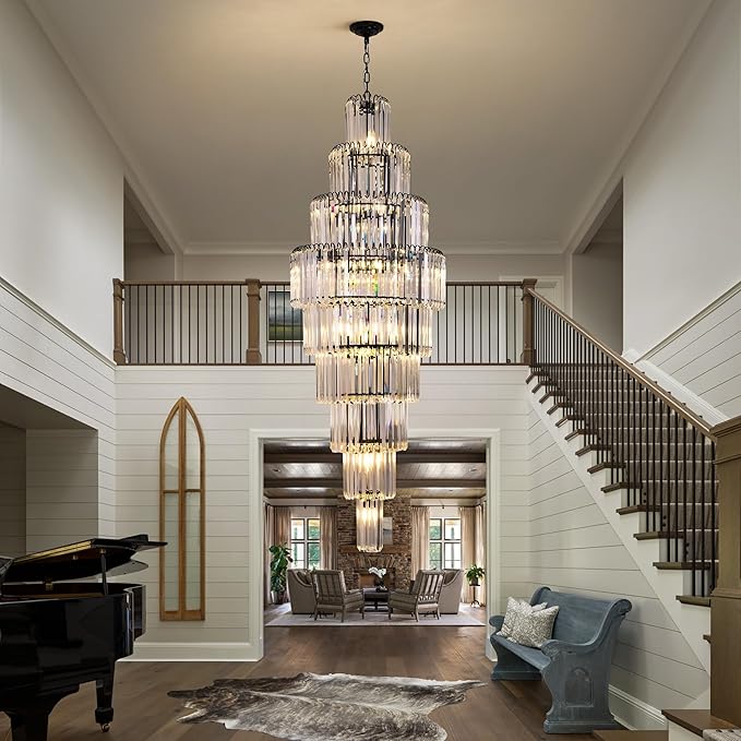 Modern Black Crystal Staircase Chandelier 9-Tier Large Foyer Chandelier for High Ceiling, Long Entryway Chandeliers Adjustable Chain for Entrance Hall Living Room Dia 23.7" x H 69" 20 Lights