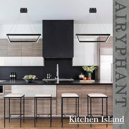 Modern 24" Square LED Chandelier, Black Linear LED Chandelier for Dining Room Dimmable Flush Mount Pendant Light for Living Room Kitchen Office, 3000-6500K