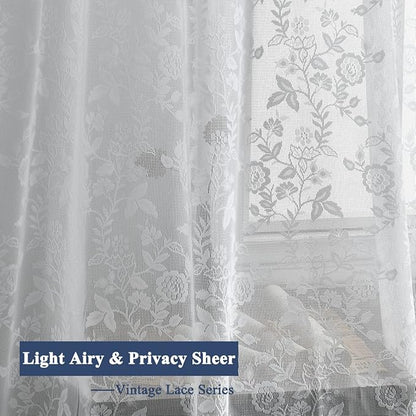 FINECITY White Lace Curtains 108 Inch Long, Vintage Country Floral Sheer Lace Curtains for Bedroom, Rod Pocket Privacy Scalloped Sheer Window Curtain, 52 x 108 Inch, 2 Panels, White