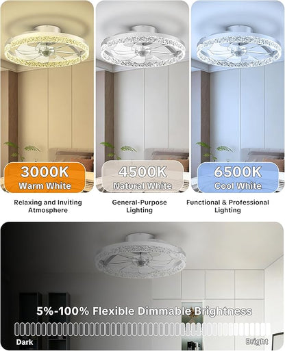 Ceiling Fans with Lights and Remote Low Profile Flush Mount LED Ceiling Fan with Lights 3000K-6500K Dimmable Foldable Fandelier Light 6 Wind Speeds Night Light for Bedroom Living Room White